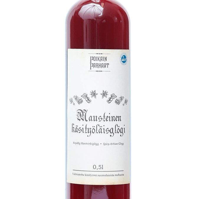 A clear glass bottle with a gold cap and red foil contains Poikain Parhaat Spicy Artisan Glogg, a traditional Finnish spiced blackcurrant juice drink (0.5L) by Poikain Parhaat, featuring Finnish text and herb illustrations on its white label.