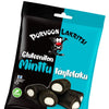 Porvoon Lakritsi Gluten Free Mint Licorice features mint licorice pieces with white centers in a blue and black package. The packaging displays vegan and Finnish origin labels, reflecting the Porvoon Lakritsi brand.