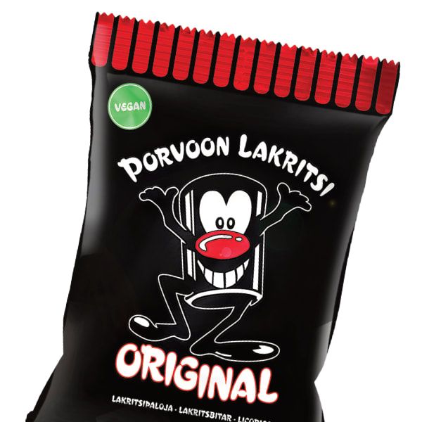 A black wrapper with red accents labeled Porvoon Lakritsi Original Licorice features a cartoon mascot with big eyes, a red nose, and raised arms. The package shows its vegan label—ideal for premium licorice fans. Brand: Porvoon Lakritsi.