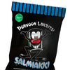 A black candy bag with blue stripes labeled Porvoon Lakritsi Salty Licorice features a cartoon character with a big red nose, wide grin, and outstretched arms. This vegan treat from Porvoon Lakritsi offers classic salty licorice flavor.