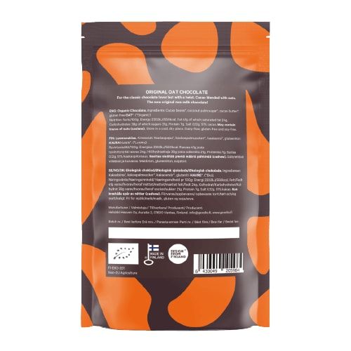 Goodio Organic Oat Chocolate Beans Original comes in a stand-up pouch with a bold orange and dark brown abstract design. The back lists multi-language ingredient and nutrition info, highlights vegan gluten-free oats, plus a barcode and certification logos below.
