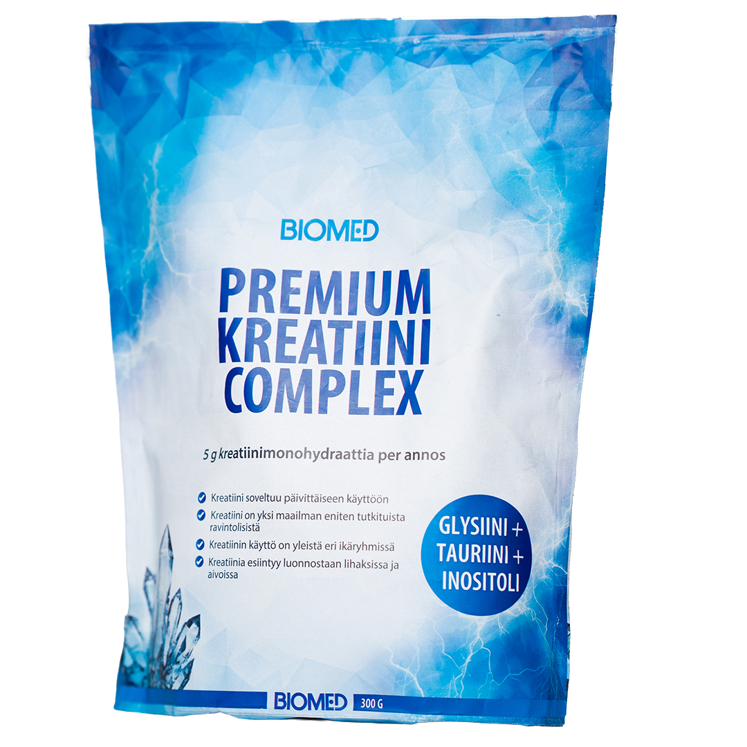 A blue and white stand-up pouch of Biomed Premium Creatini Complex dietary supplement, featuring the Biomed brand logo and product name in bold text.