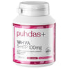 A white plastic supplement bottle of puhdas+ VAHVA 5-HTP 100mg with a pink and white label, set against a plain white background.