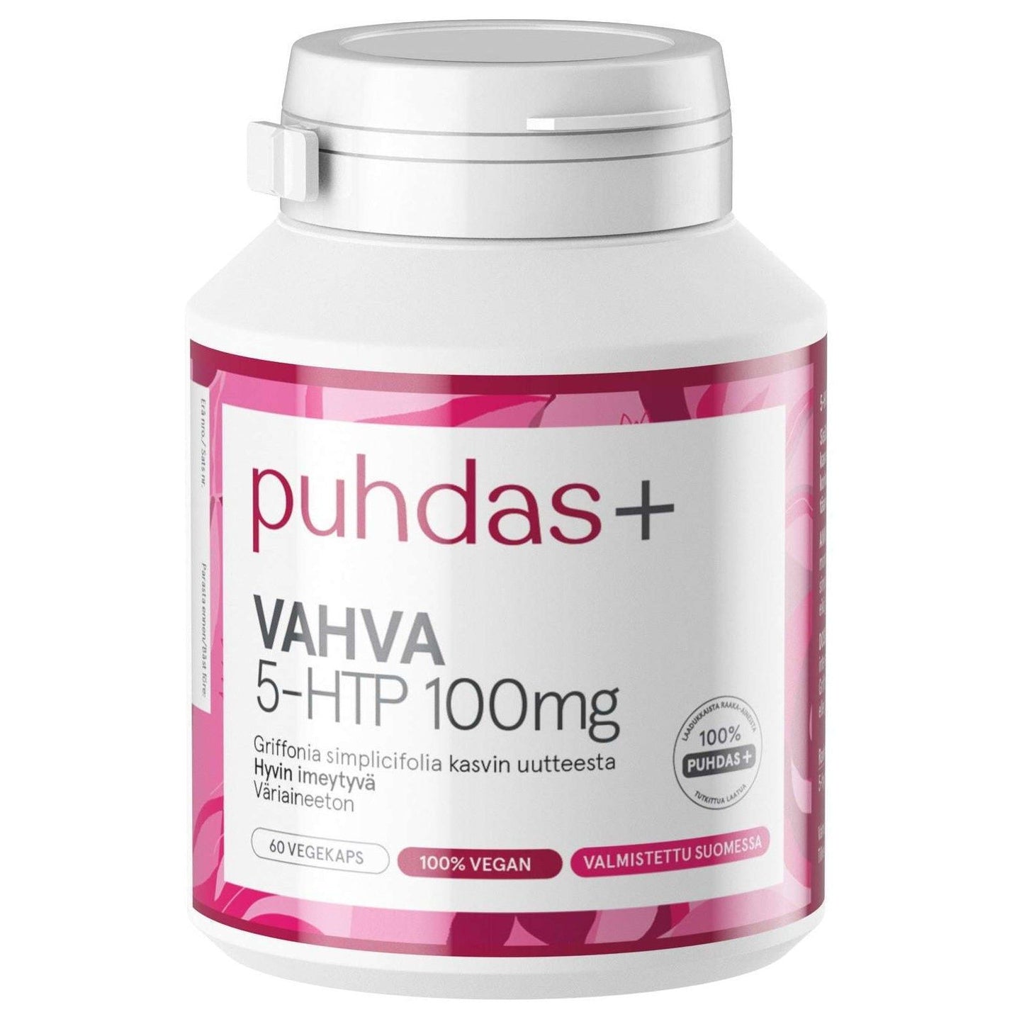 A white plastic supplement bottle of puhdas+ VAHVA 5-HTP 100mg with a pink and white label, set against a plain white background.