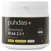 A white plastic tub of puhdas+ Instantised BCAA 2:1:1 powder with a black label and gold accents, shown on a plain white background.