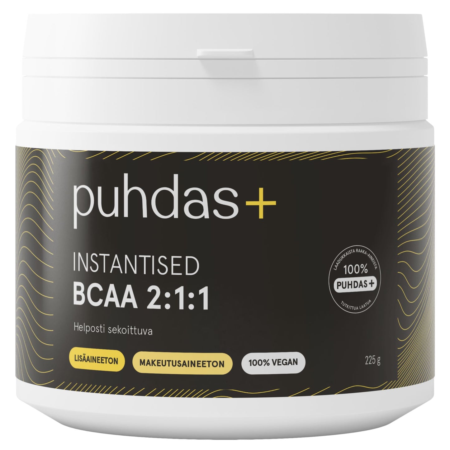 A white plastic tub of puhdas+ Instantised BCAA 2:1:1 powder with a black label and gold accents, shown on a plain white background.