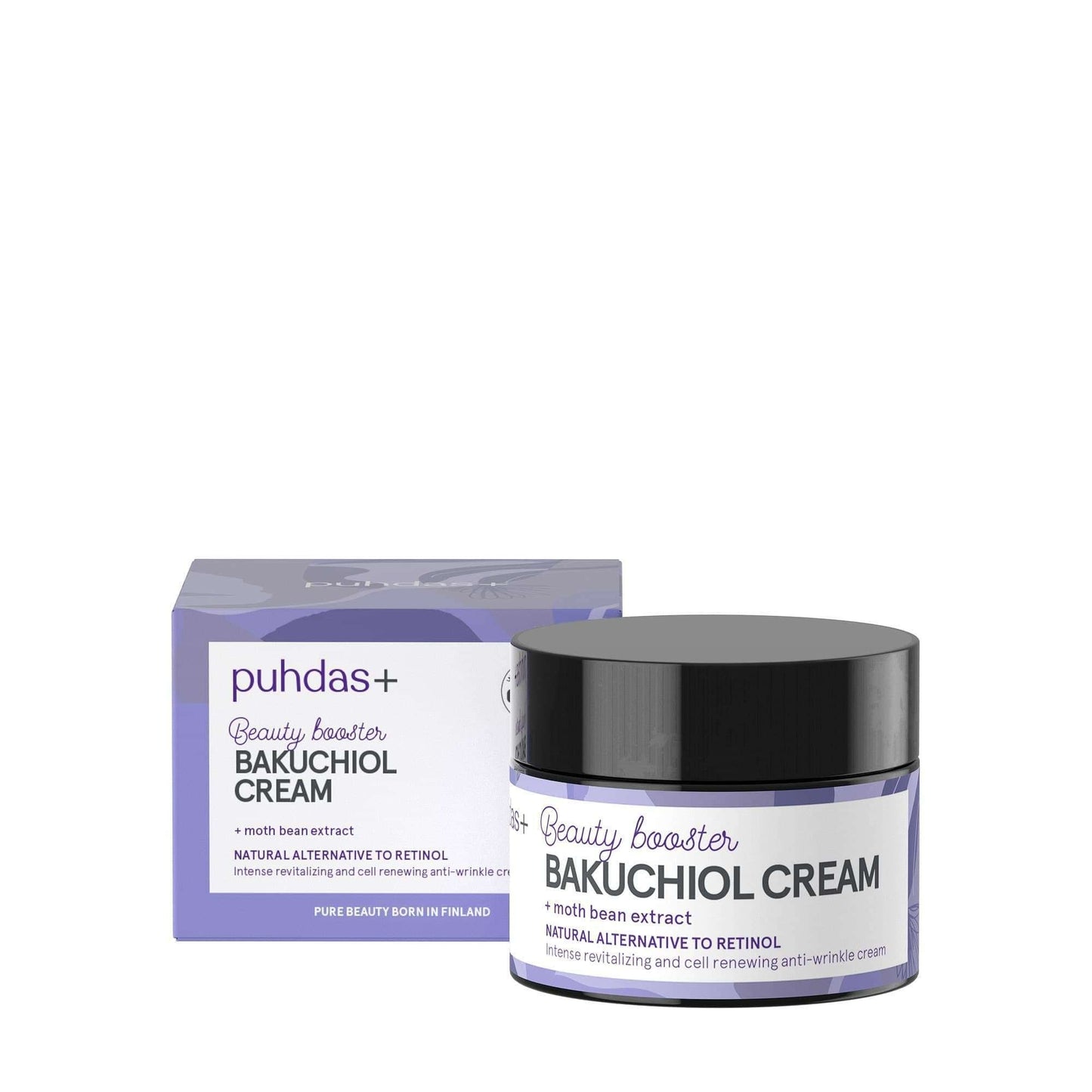 A jar of Puhdas+ Bakuchiol Beauty Booster Cream and its matching purple and white box showcase this Puhdas+ anti-wrinkle cream with bakuchiol and moth bean extract as a natural retinol alternative.