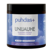 A dark brown plastic jar of puhdas+ UNIJAUHE sleep supplement with a black lid and a blue label featuring clouds and stars.