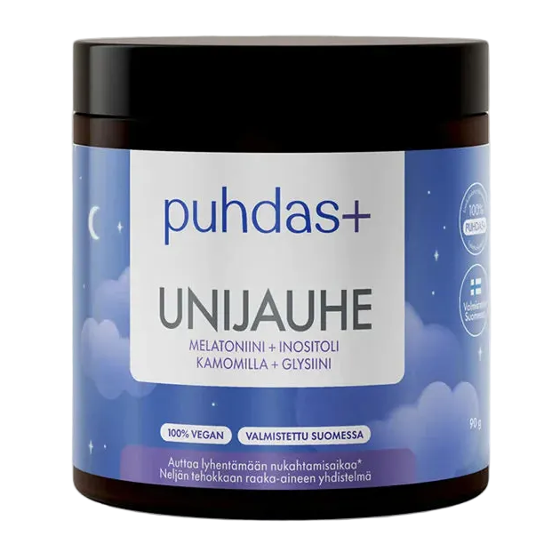 A dark brown plastic jar of puhdas+ UNIJAUHE sleep supplement with a black lid and a blue label featuring clouds and stars.