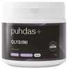 A white plastic tub of Puhdas+ Glysini dietary supplement powder with a black label featuring purple accents and white text.
