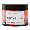 A 200g container of Puhdas+ Inositol by Puhdas+, unflavored and 100% vegan, features a colorful abstract design, Finnish text, and offers about 300 servings.