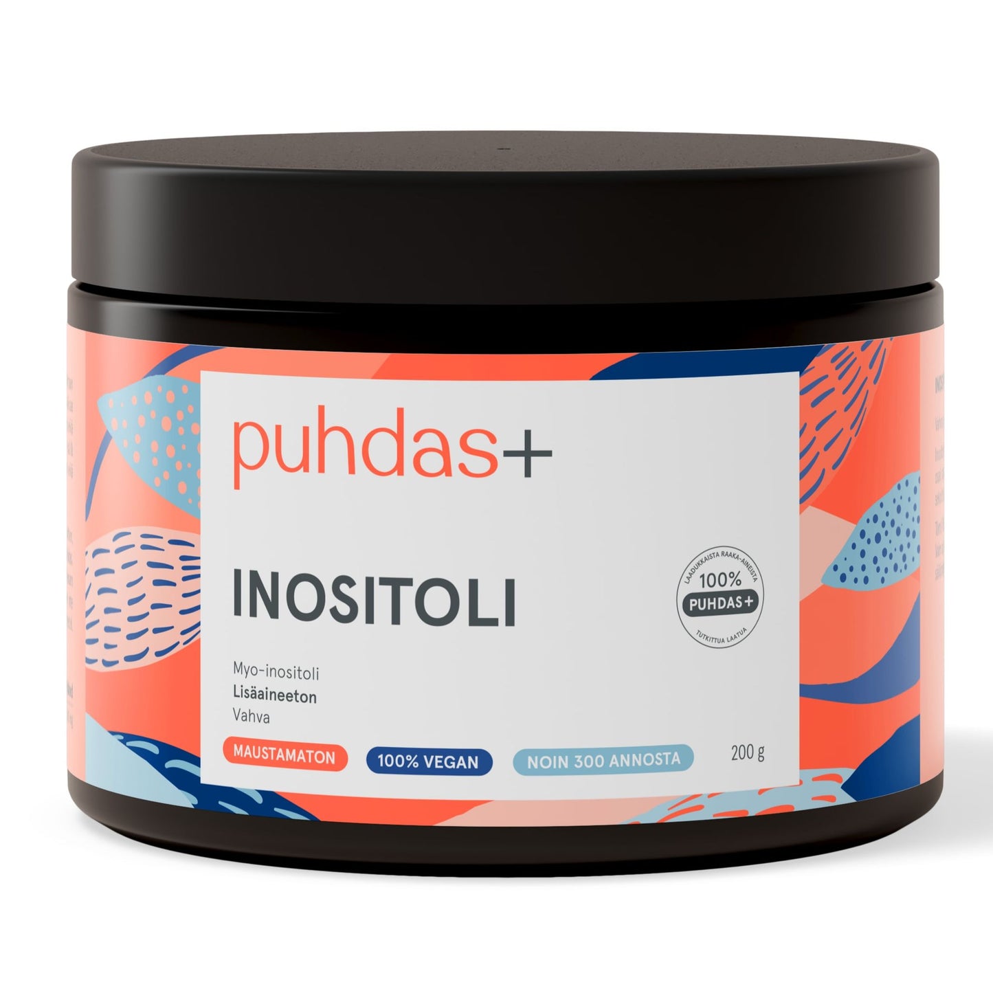 A 200g container of Puhdas+ Inositol by Puhdas+, unflavored and 100% vegan, features a colorful abstract design, Finnish text, and offers about 300 servings.