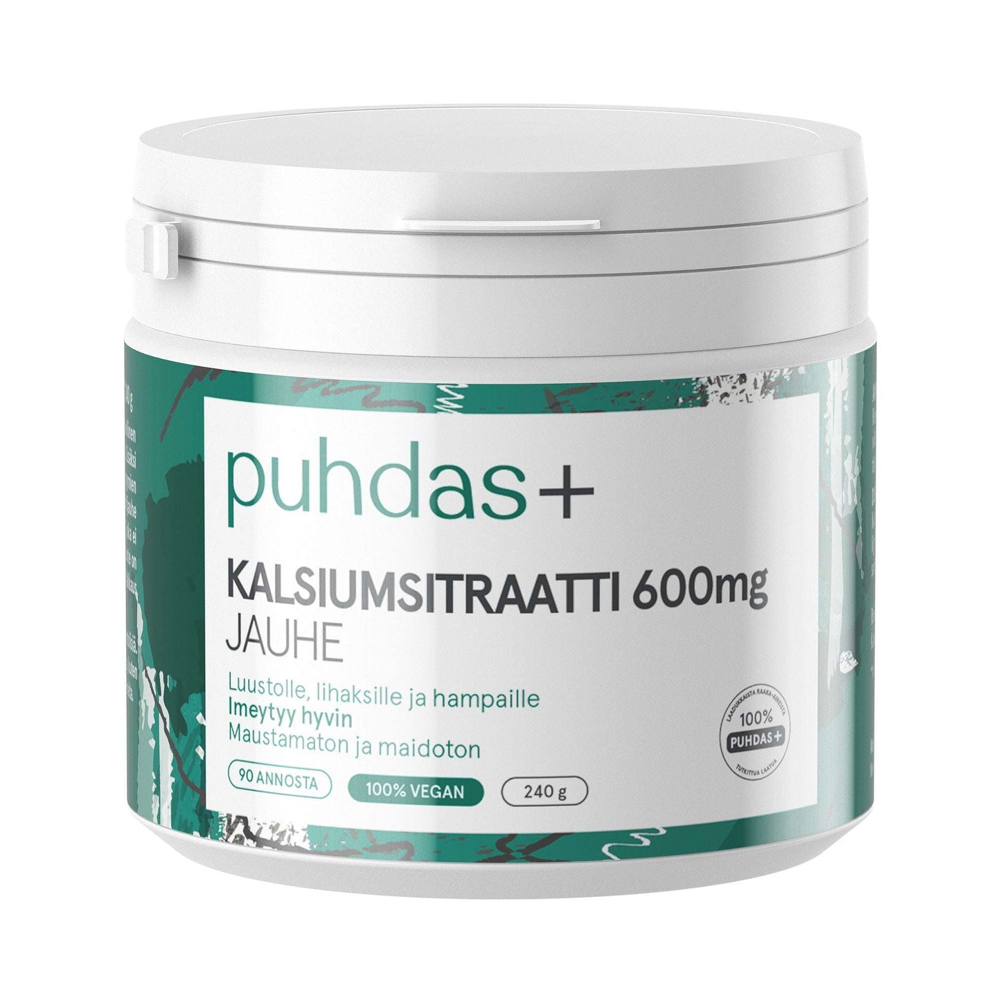 A white plastic container of Puhdas+ Calcium Citrate 600 mg powder, an additive-free calcium supplement made in Finland. The green and white label displays “100% vegan,” “240g,” and product details.