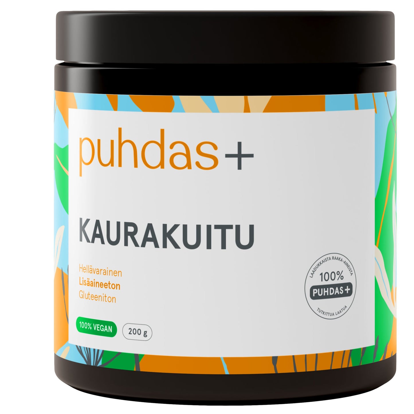 A black plastic tub of Puhdas+ Kaurakuitu supplement with a colorful geometric patterned label and a white front label.