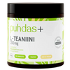 A jar of Puhdas+ L-Teaniini 200 mg supplement powder. The product is in a dark brown jar with a black lid and a white label featuring green and black text, set against a plain white background.
