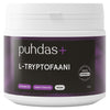 A white plastic tub of Puhdas+ L-Tryptofaani dietary supplement powder, featuring a black and purple label with white text.