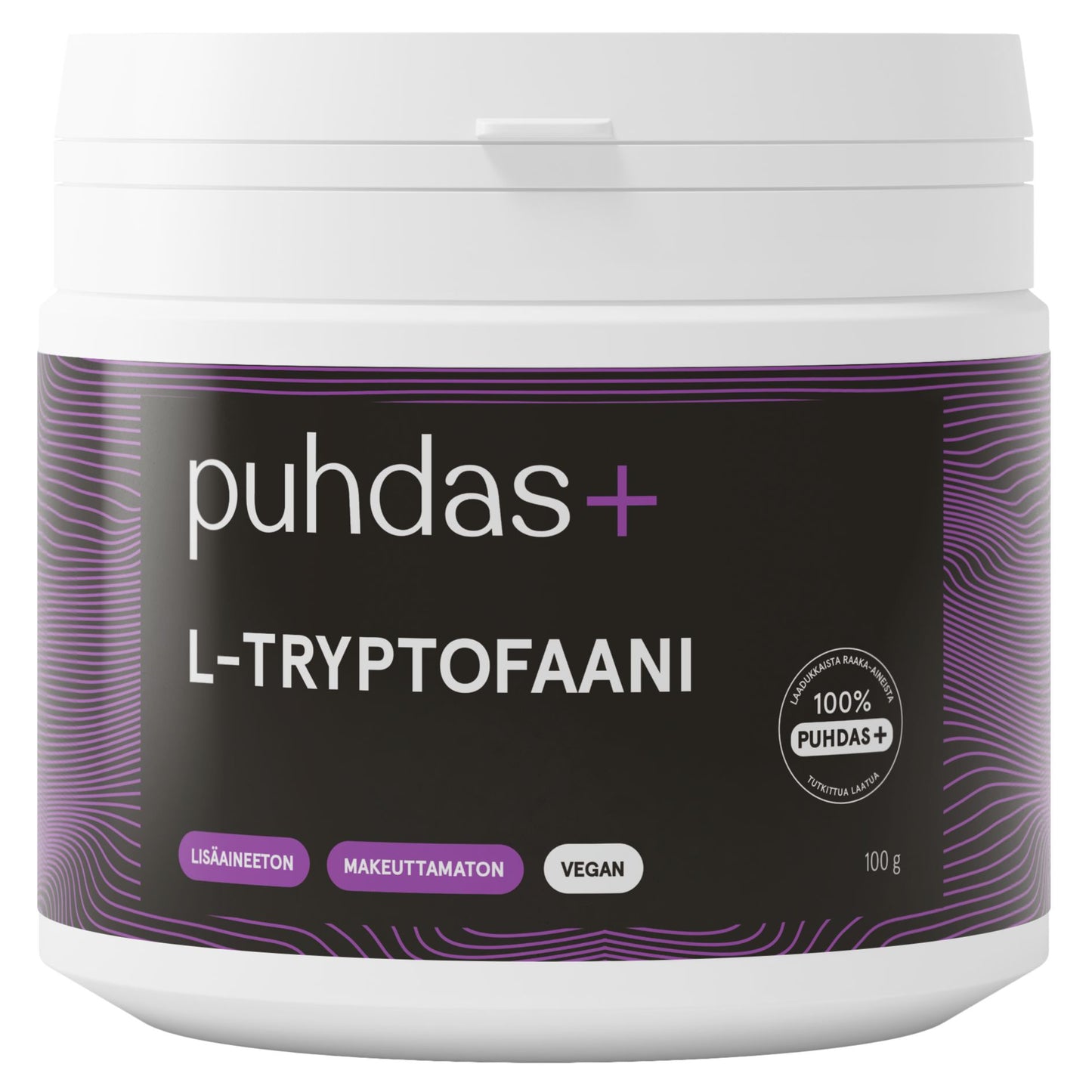 A white plastic tub of Puhdas+ L-Tryptofaani dietary supplement powder, featuring a black and purple label with white text.