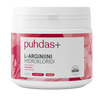 A white plastic tub of puhdas+ L-Arginiini Hydrokloridi dietary supplement powder, featuring a white label with pink floral accents and red text.