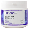 A white plastic tub of Puhdas+ Magnesium Glycinate supplement with a purple and white label, shown against a plain white background.