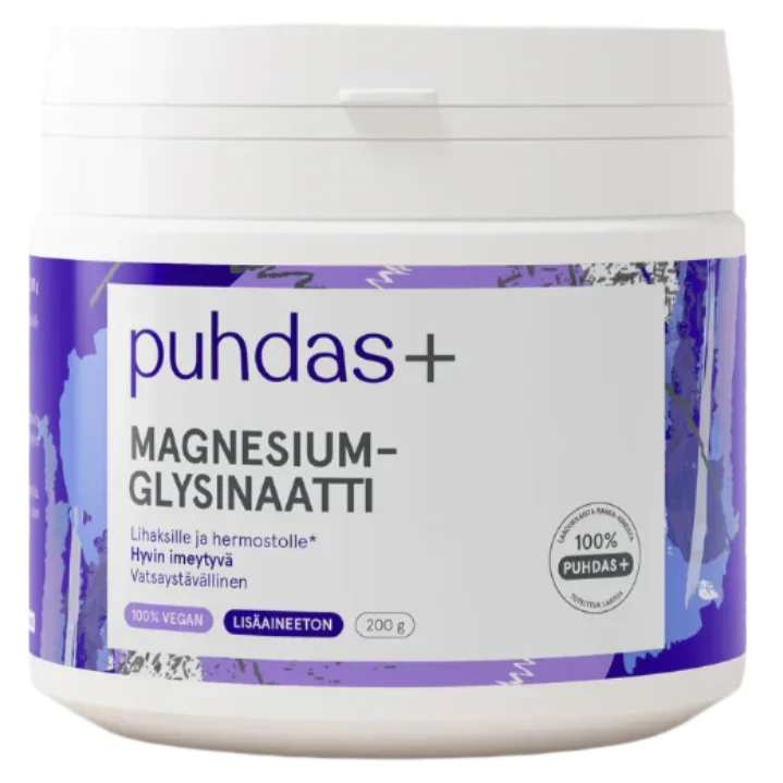 A white plastic tub of Puhdas+ Magnesium Glycinate supplement with a purple and white label, shown against a plain white background.