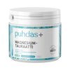 A white plastic tub of puhdas+ Magnesium-Tauraahti supplement with a white lid, featuring a white label with blue and black text and light blue abstract patterns.