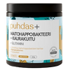 A black plastic jar of Puhdas+ dietary supplement with a white label featuring teal and gold accents, set against a plain white background.