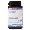 A brown bottle labeled Puhdas+ Menopause by Puhdas+ with a purple, pink, and blue design. The label highlights 100% vegan, 60 vegekaps, made in Finland, and menopause support with sage leaf extract and vitamin B6.