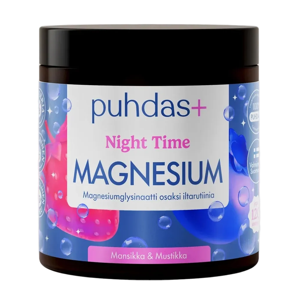 Puhdas+ Night Time Magnesium powder, strawberry-blueberry, magnesium glycinate, sugar-free