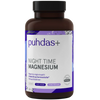 A brown plastic bottle of Puhdas+ Night Time Magnesium supplement with a black cap and a white and purple label, shown on a plain white background.