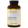 A brown supplement bottle with a black cap and a white label featuring orange and yellow accents. The label displays the brand 'puhdas+' and the product name 'D3 VITAMIN 50 mikrog