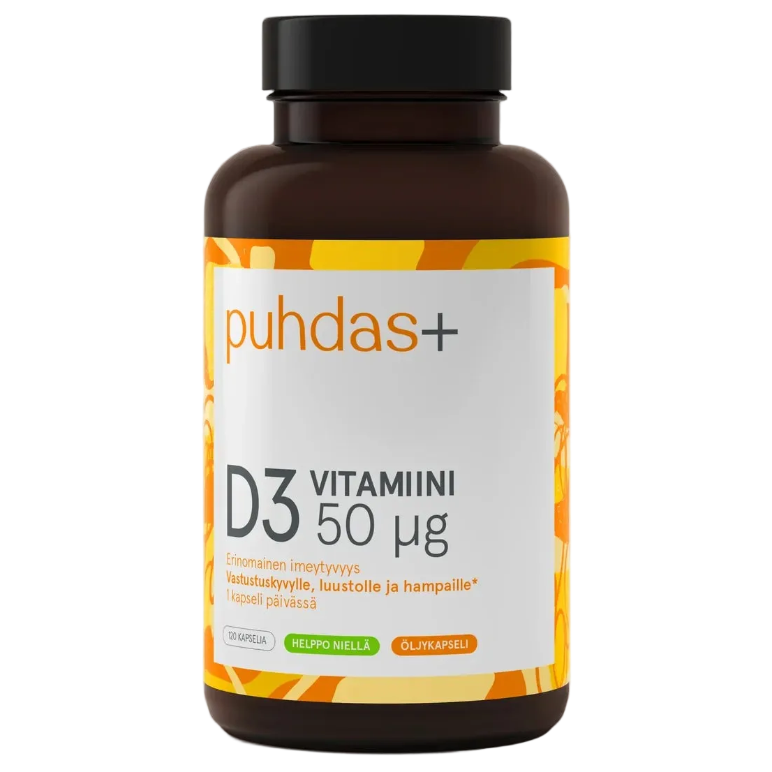 A brown supplement bottle with a black cap and a white label featuring orange and yellow accents. The label displays the brand 'puhdas+' and the product name 'D3 VITAMIN 50 mikrog