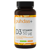 A brown plastic bottle of puhdas+ D3 Vitamiini 50 ¹g dietary supplement with a black cap and a white label featuring orange and yellow accents