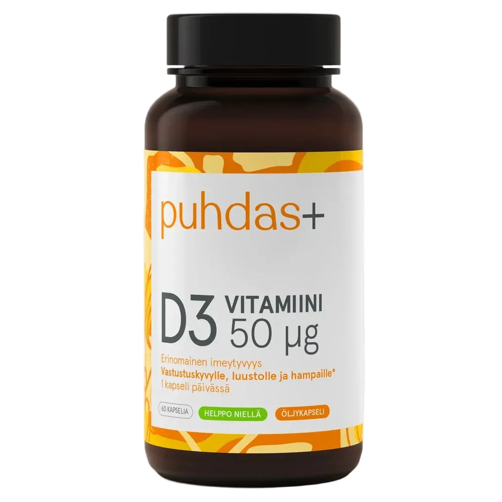 A brown plastic bottle of puhdas+ D3 Vitamiini 50 ¹g dietary supplement with a black cap and a white label featuring orange and yellow accents