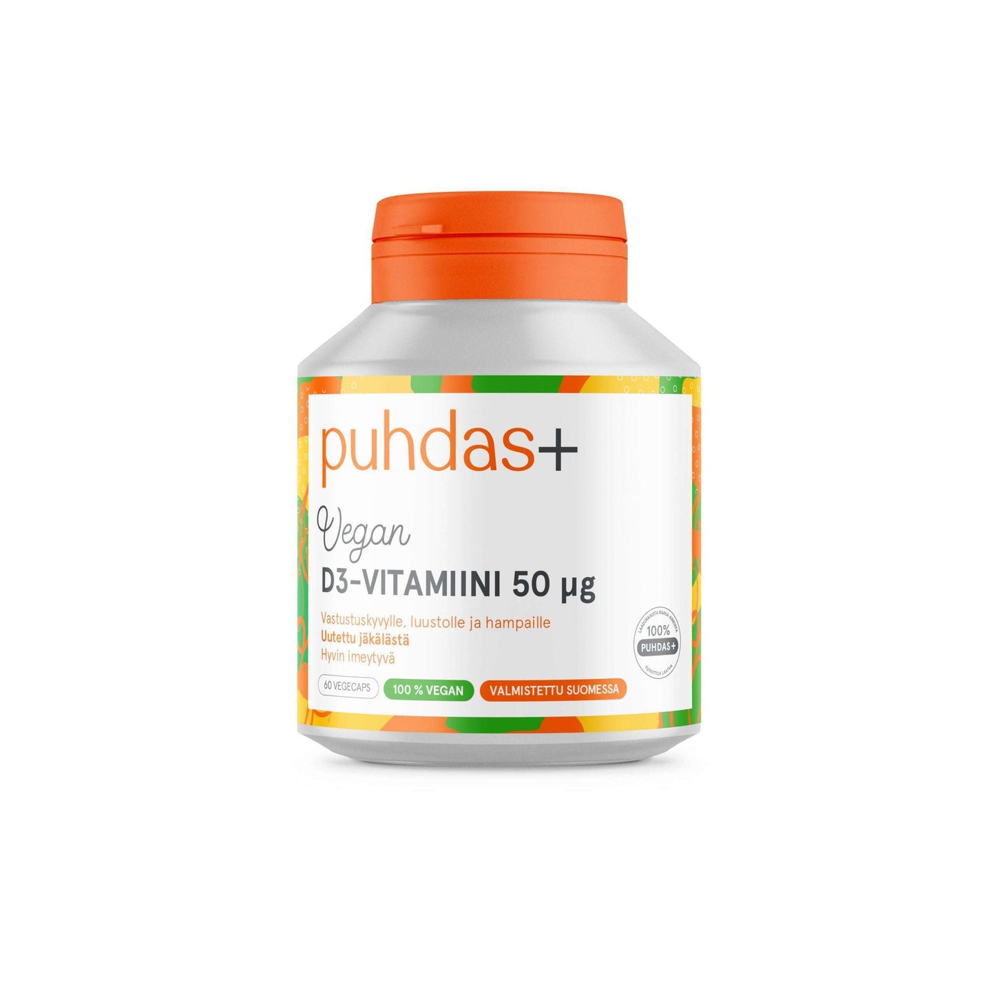 A white bottle of Puhdas+ Plant-Based Vitamin D3 50 µg with an orange lid and colorful label is shown on a white background. The label notes it is vegan and made in Finland. Brand: Puhdas+.