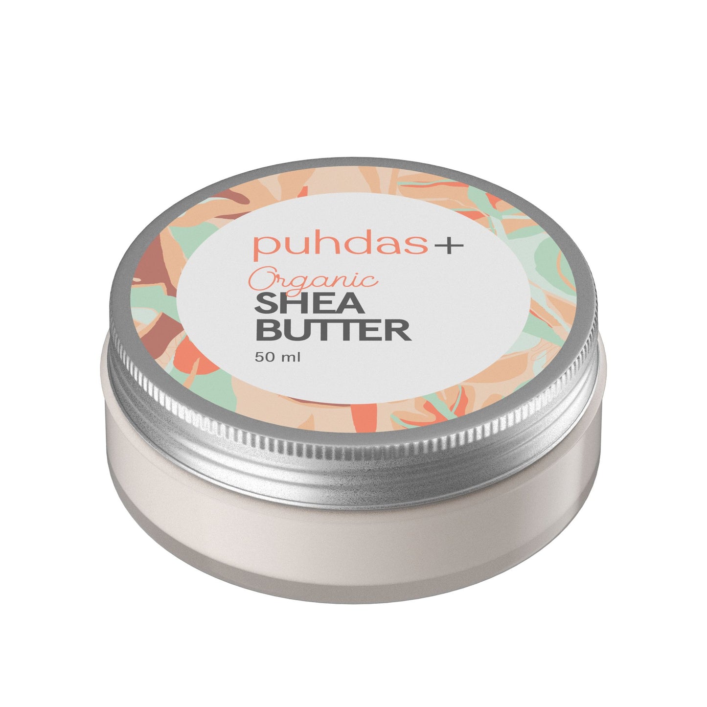 A 50 ml round metal tin of Puhdas+ Organic Shea Butter, featuring a silver screw-on lid with a colorful tropical leaf pattern and a white central label.