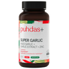 A bottle of Puhdas+ Super Garlic dietary supplement, featuring a dark amber brown bottle with a black cap and a white label decorated with red, green, and orange accents.