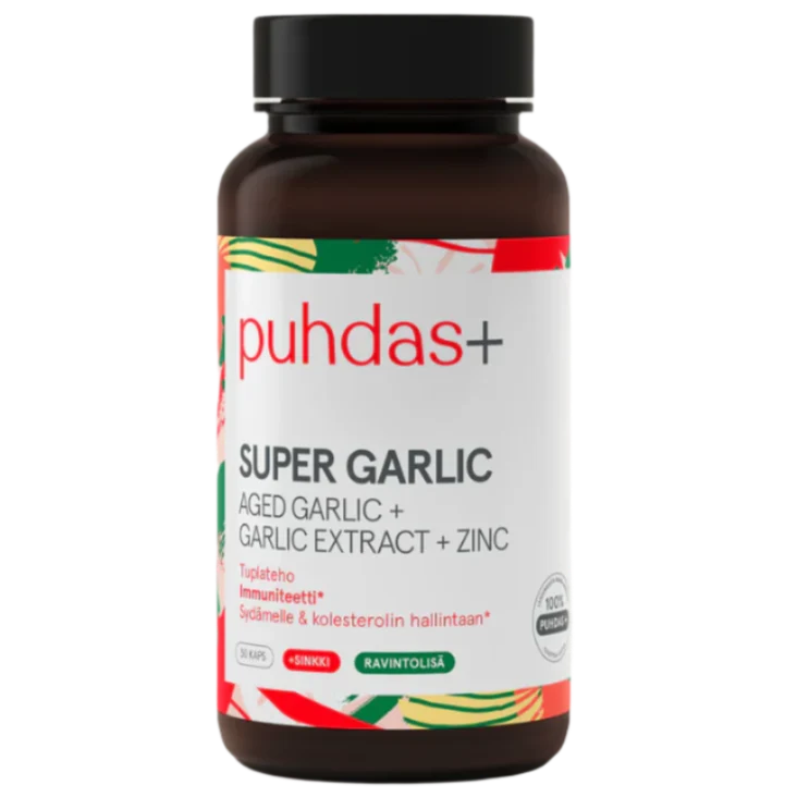 A bottle of Puhdas+ Super Garlic dietary supplement, featuring a dark amber brown bottle with a black cap and a white label decorated with red, green, and orange accents.