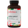 A dark brown bottle of puhdas+ Super Garlic supplement with a black cap and a white label featuring red, green, and orange accents.