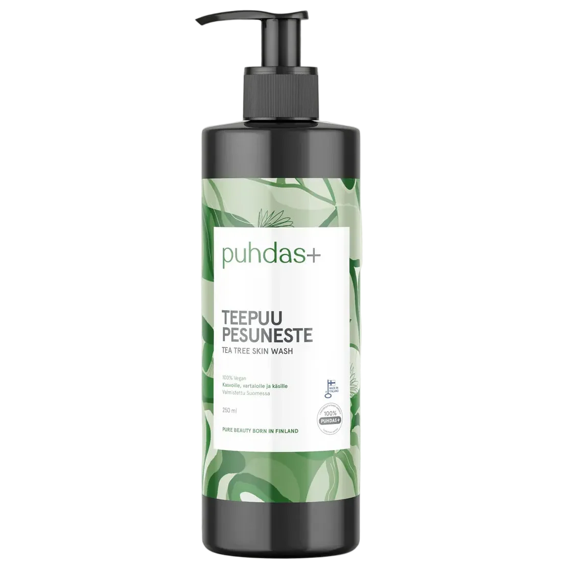 Puhdas+ Tea Tree Wash unscented 250 ml, tea tree oil cleansing wash, vegan pump bottle