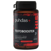 A bottle of puhdas+ Testoboooster dietary supplement with a black cap and a black label featuring red and white text, set against a plain white background.