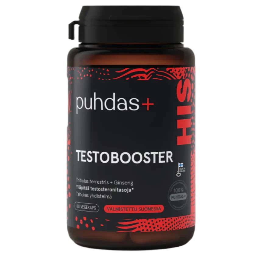 A bottle of puhdas+ Testoboooster dietary supplement with a black cap and a black label featuring red and white text, set against a plain white background.