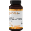 A brown plastic bottle of Puhdas+ Beetakaroteen 15 mg dietary supplement with a black cap and a white label featuring orange accents.