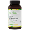 A bottle of Puhdas+ Bromelain supplement, featuring a dark amber brown bottle with a black cap and a white label with green and yellow accents.