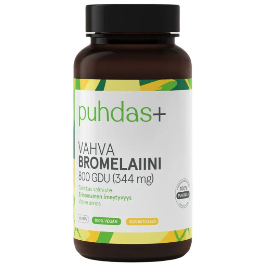 A bottle of Puhdas+ Bromelain supplement, featuring a dark amber brown bottle with a black cap and a white label with green and yellow accents.