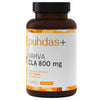 A brown plastic supplement bottle with a black cap and a white label featuring orange and gray text. The label reads 'puhdas+' and 'VAHVA CLA 800 mg'.
