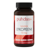 A bottle of Puhdas+ Vyha Lykopeeni 10 mg dietary supplement, featuring a dark amber brown bottle with a black cap and a white and red label.