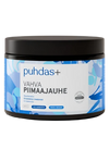 A black plastic tub of Puhdas+ Vahva PiimaaJAuhe, a blue and white vegan whey protein powder, on a clean white background.
