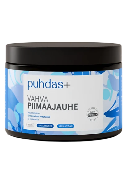 A black plastic tub of Puhdas+ Vahva PiimaaJAuhe, a blue and white vegan whey protein powder, on a clean white background.