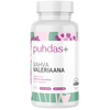 A white plastic bottle of Puhdas+ Vahva Valeriaana dietary supplement with a white cap, featuring a label with pink and green floral accents.