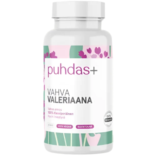 A white plastic bottle of Puhdas+ Vahva Valeriaana dietary supplement with a white cap, featuring a label with pink and green floral accents.